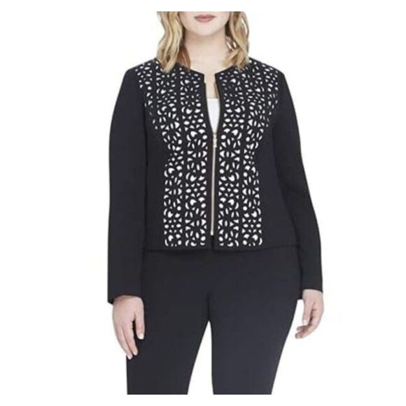 Tahari ASL Black Laser Cut Crepe Blazer Size 14P Jacket - Picture 1 of 12